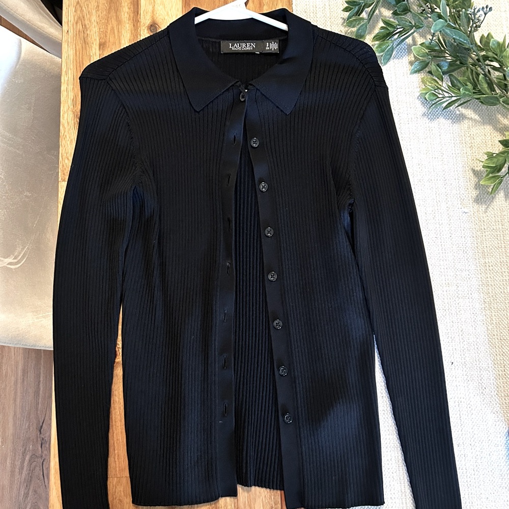 Black Ralph Lauren button-down cardigan, long sleeve. Size small.